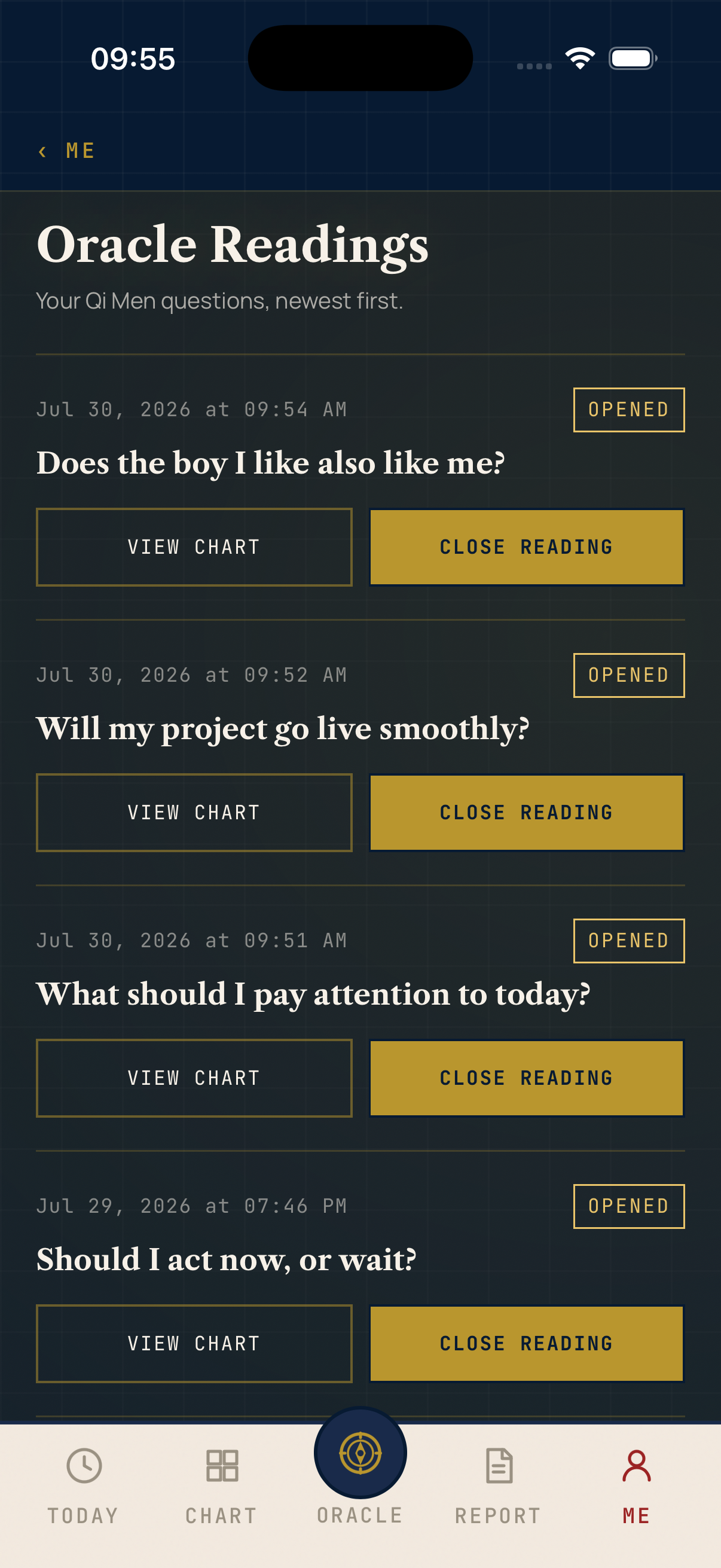 Oravis Oracle reading history screen